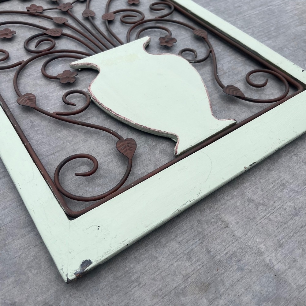 Rustic Mint Green Wood and Metal Floral Vase Wall Art Plaque Farmhouse Decor - Picture 2 of 6